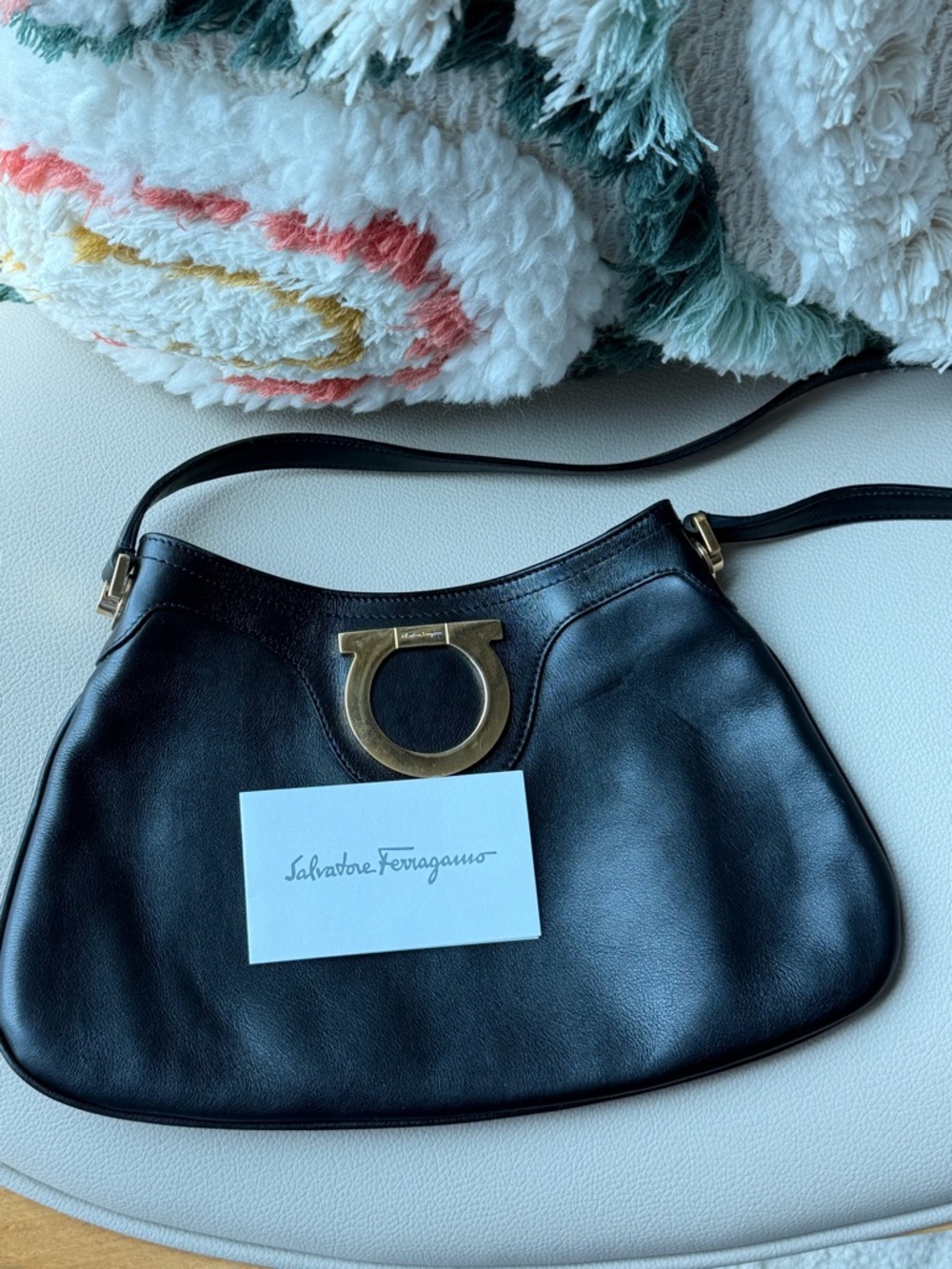 Salvatore Ferragamo Black Leather Shoulder Bag with Signature gold ring logo. - Picture 6 of 9